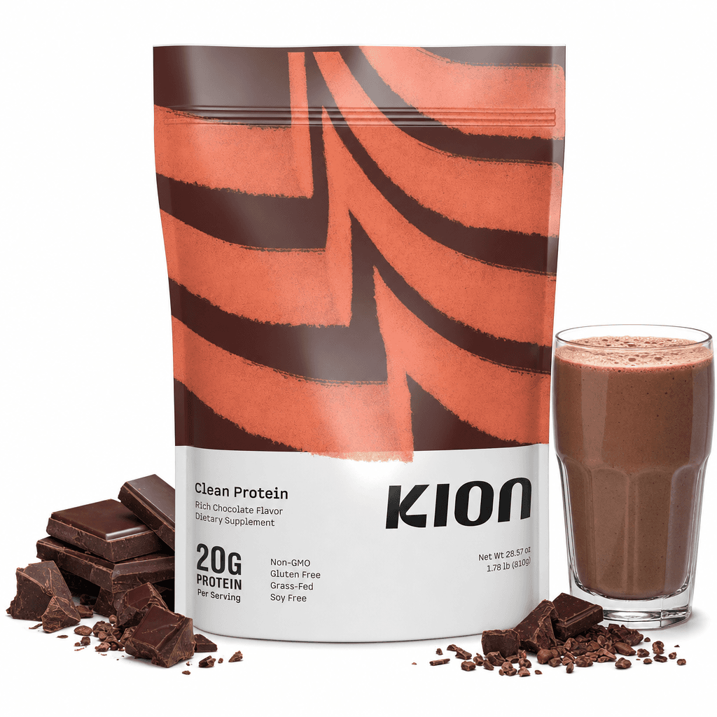 Rebuilt Kion main image: bold 20G Protein hero panel with chocolate chunks and a prepared shake staged beside the pack