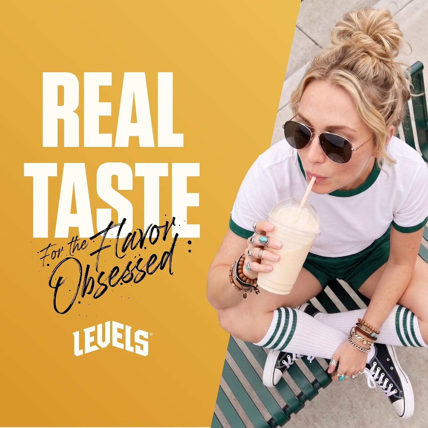 Levels current gallery slide 3, a lifestyle slide carrying REAL TASTE