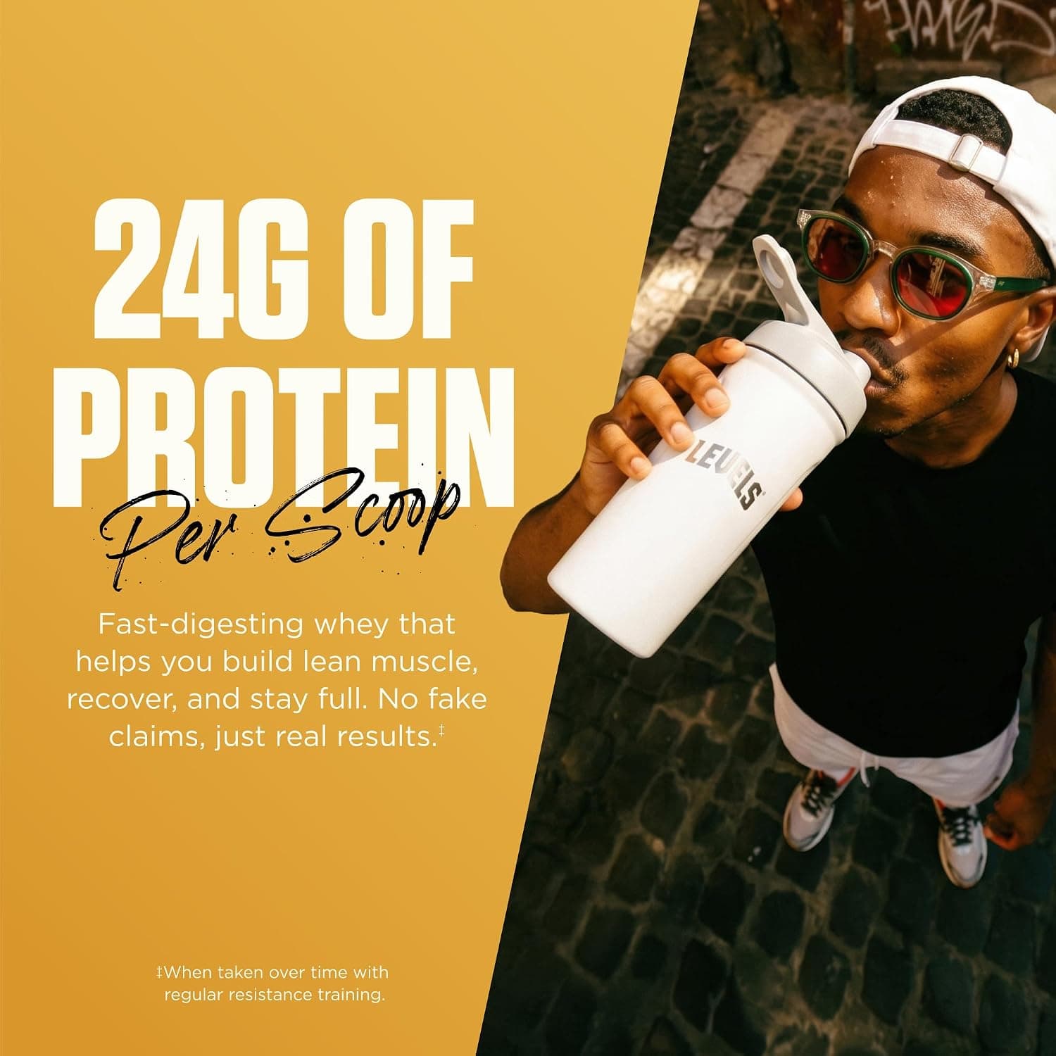 Levels current gallery slide 4, a lifestyle slide carrying 24G OF PROTEIN per scoop