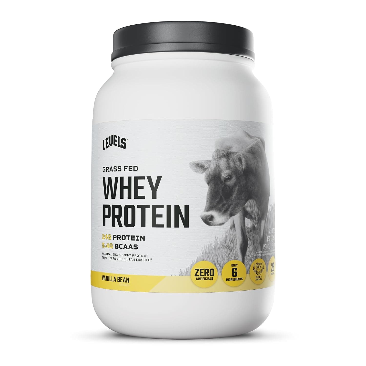 Levels Grass Fed Whey current Amazon main image: white tub with cow artwork, 24G protein in small gold text, four small seals along the lower label edge